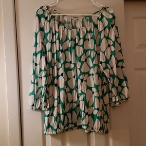 Green Boho Top with white and blue flower print